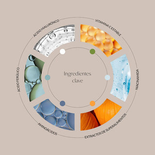 LOS INGREDIENTES QUE MÁS NECESITA TU PIEL:
HIDRATACIÓN MÁXIMA CON ÁCIDO HIALURÓNICO.
ANTIOXIDANTES Y FIRMEZA CON VITAMINA C + ÁCIDO FERÚLICO
CALMA Y LUMINOSIDAD CON NIACINAMIDA.
ENERGÍA CON EXTRACTOS DE ARROZ, CALABAZA Y OKRA.