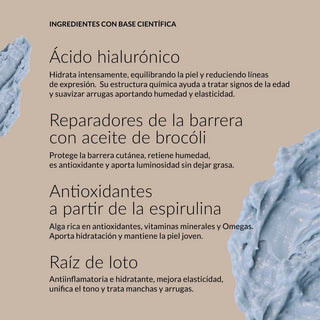 Crema hidratante facial tipo ligera de Byoode con ácido hialurónico y antioxidantes. Textura mousse o textura cloud. Lleva espirulina también y raiz de loto. Hidratante, iluminadora y anioxidante. Los ingredientes tienen aval científico.